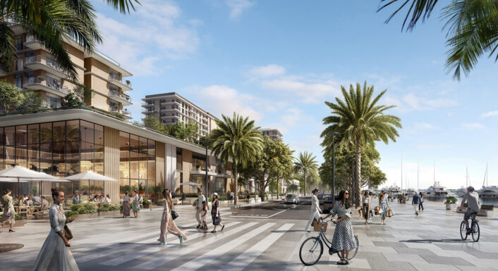 Palm-lined marina boulevard at Rashid Yachts & Marina