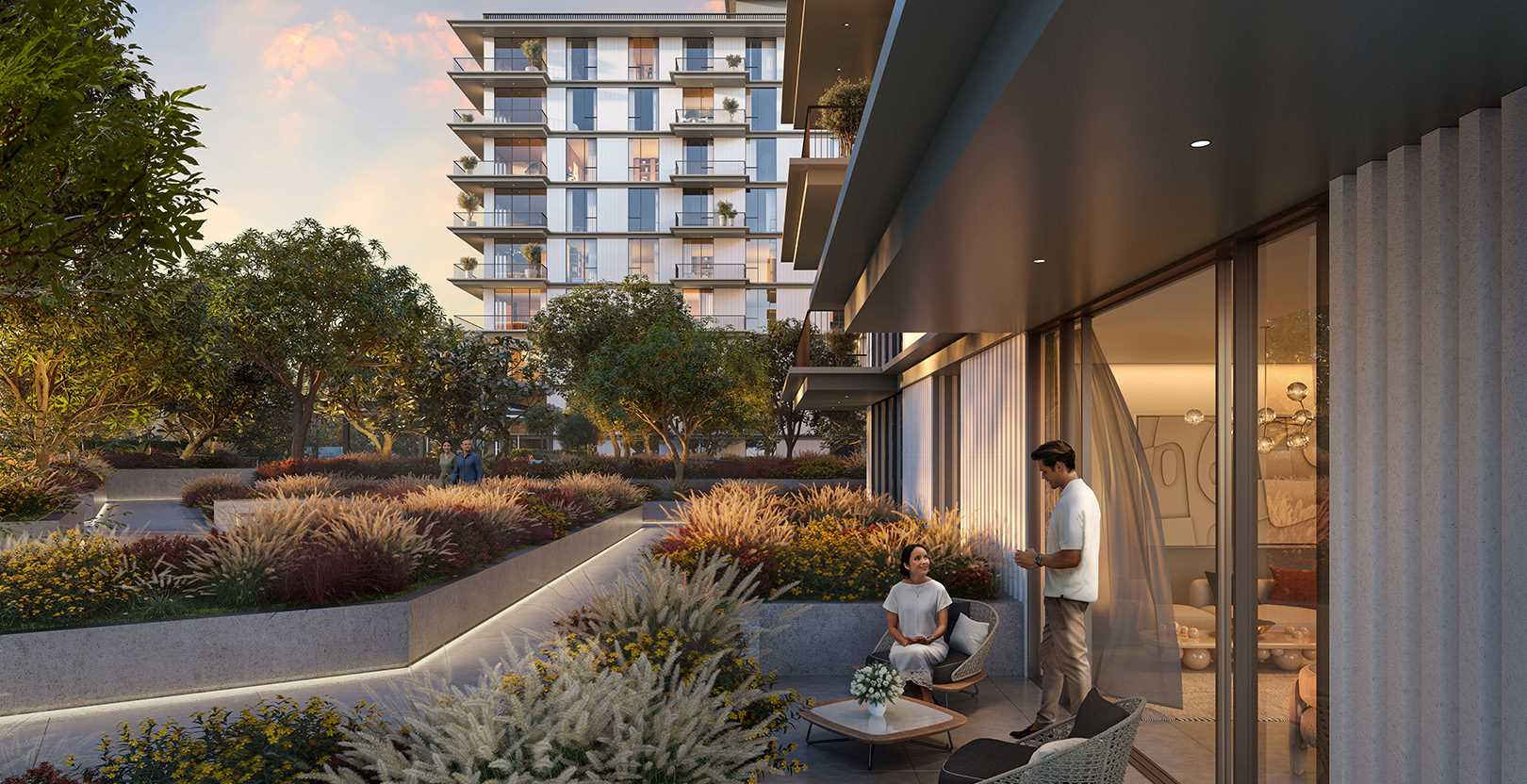 Landscaped garden terraces at dusk at Rashid Yachts & Marina