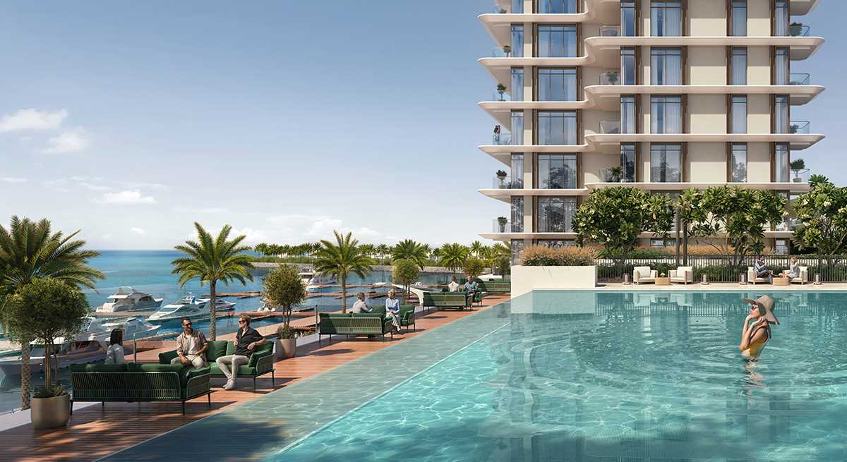 Infinity pool overlooking the superyacht marina at Rashid Yachts & Marina